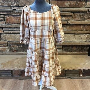 Ivy City Co Amber Neutral Tan Plaid Tiered Cotton Dress